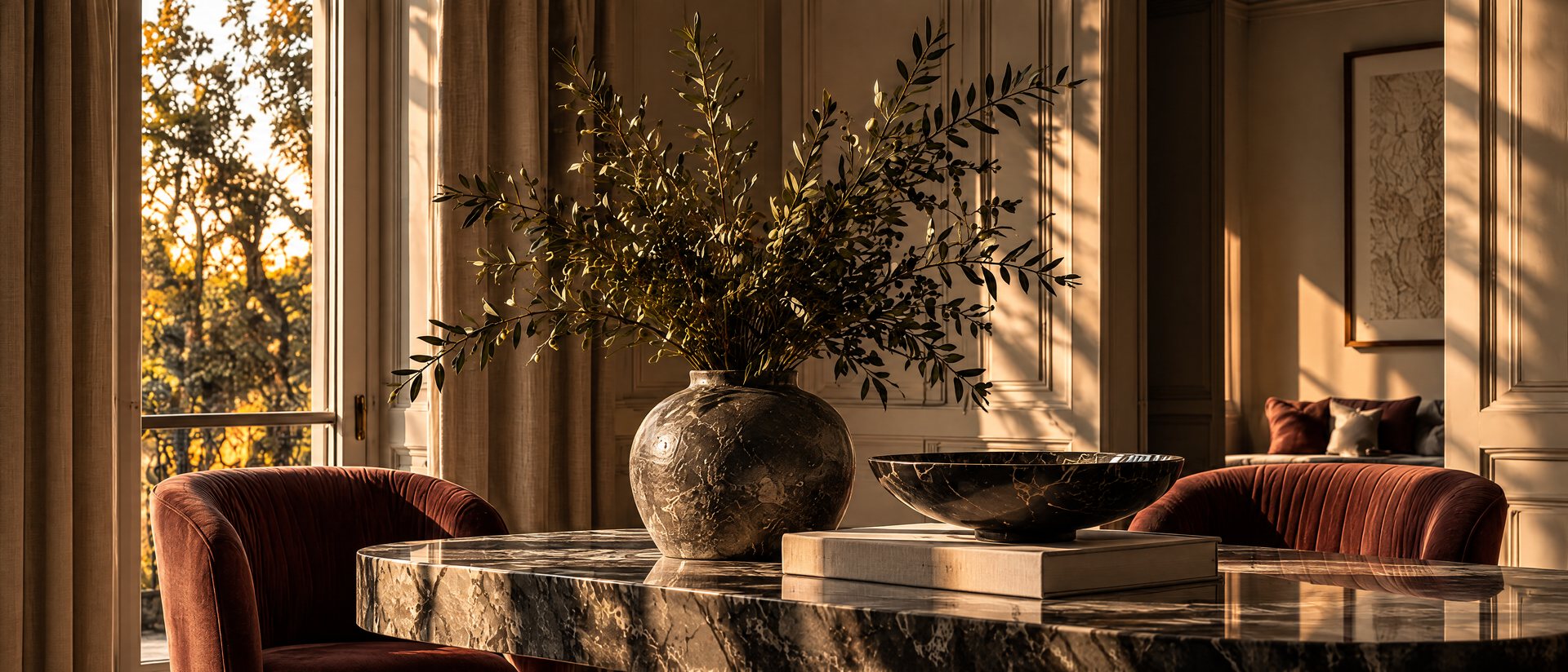 Table ronde en marbre sombre dans la lumière du soir : vase en pierre garni de branches d’olivier, coupe en marbre, fauteuils en velours rouille devant une porte-fenêtre ouverte sur les arbres.