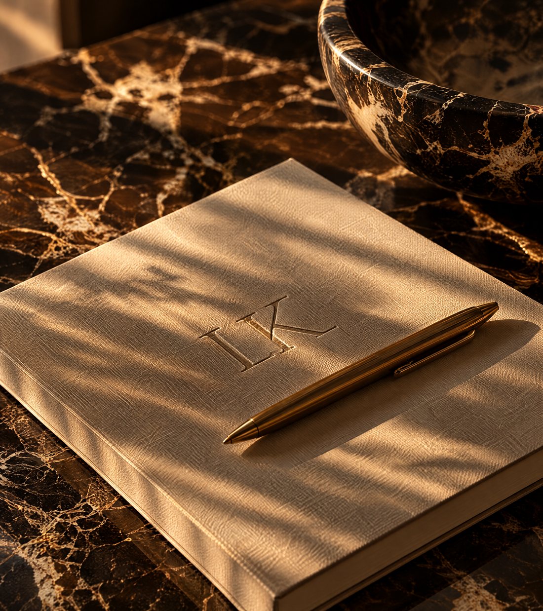 Carnet en lin monogrammé LK et stylo en laiton posés sur un bureau en marbre Emperador.