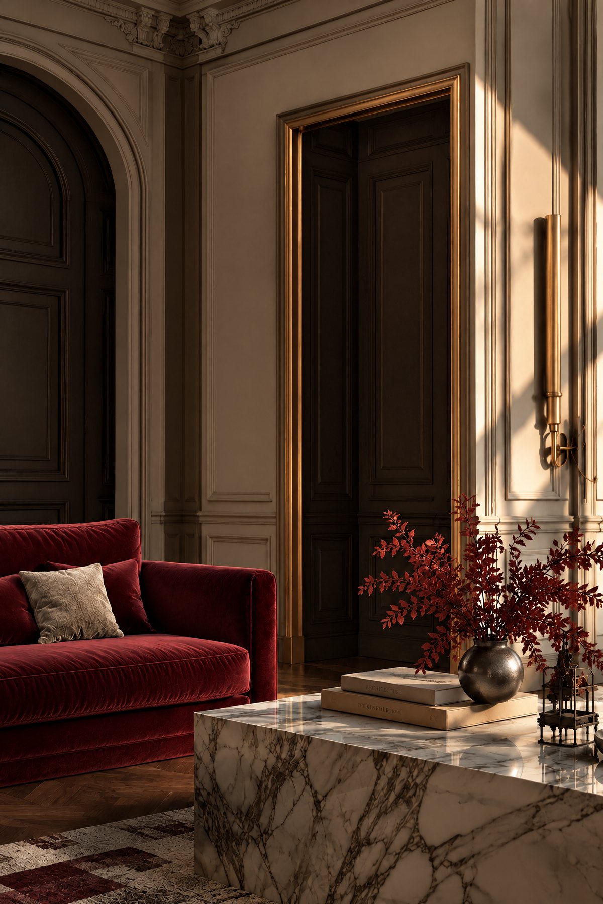 Salon classique dans la lumière de fin de journée : canapé en velours bordeaux, table basse en marbre, porte en noyer encadrée de bronze.