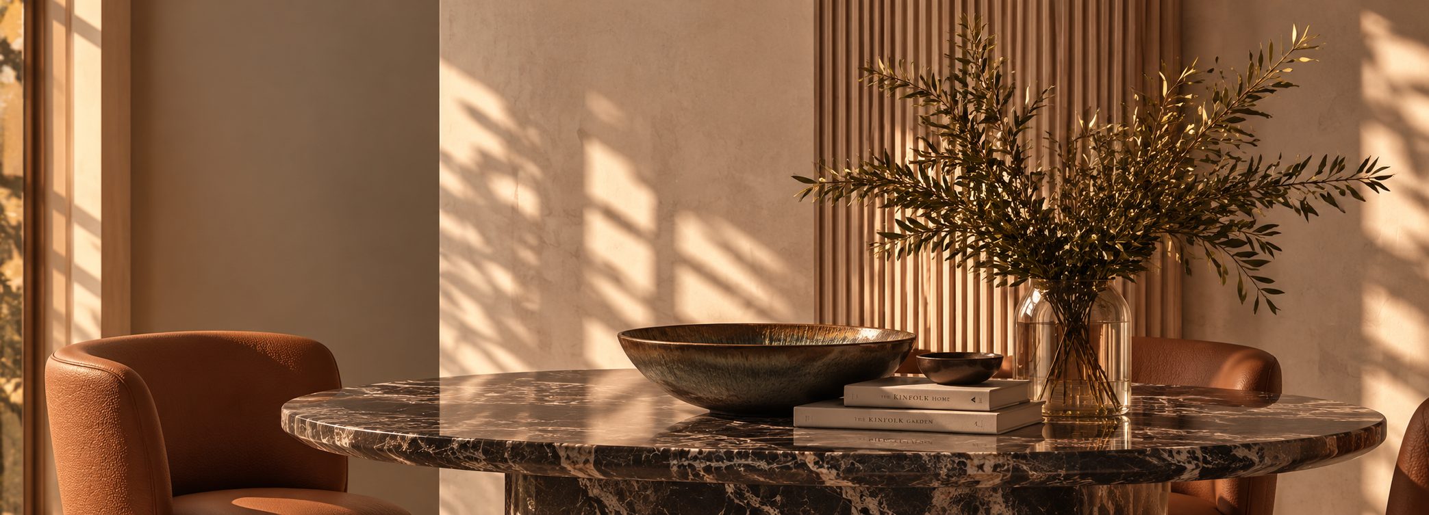 Table ronde en marbre sombre dans une salle à manger baignée de soleil, coupe en céramique, branches d’olivier et chaises en cuir cognac devant un panneau de bois cannelé.